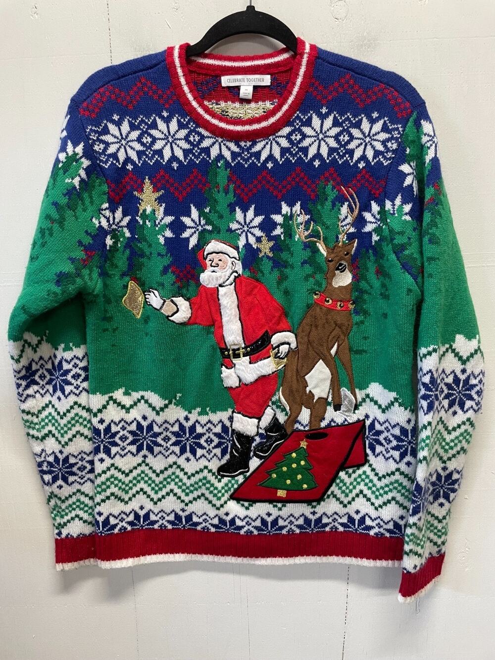 Celebrate Together Men's Ugly Christmas Knit Sweater Santa Cornhole Size Medium